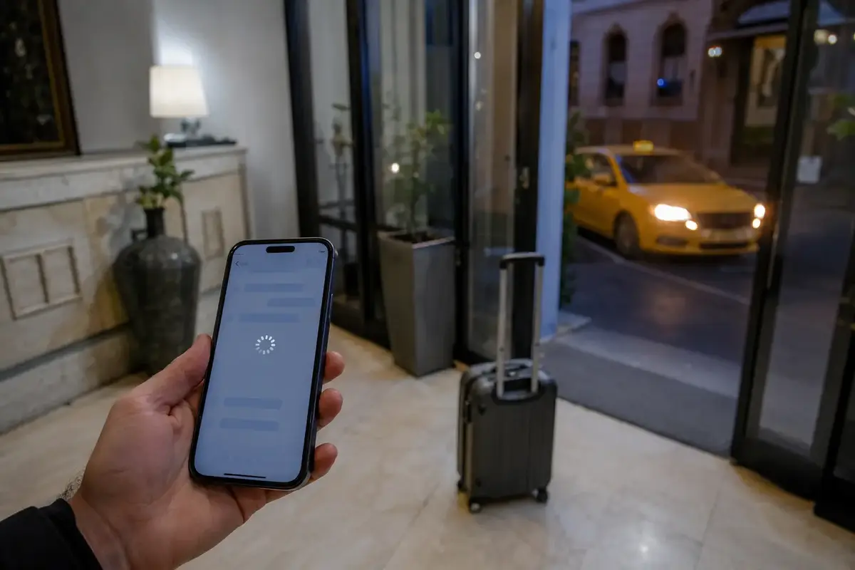 Teléfono con una aplicación de mensajería cargando a la salida de un hotel mientras espera un taxi.