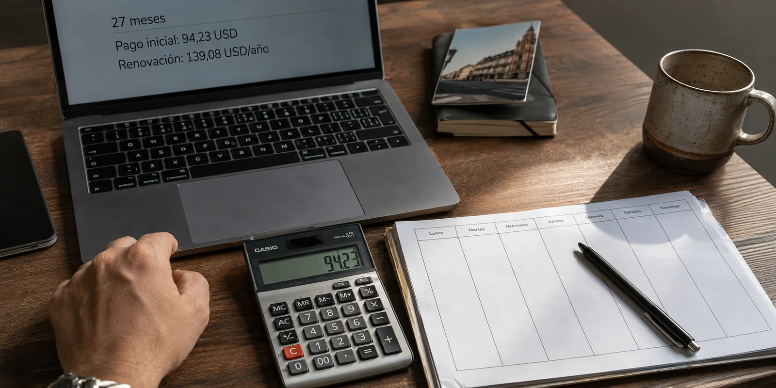 Calculadora y agenda semanal junto al importe inicial y la renovación de un plan de VPN.