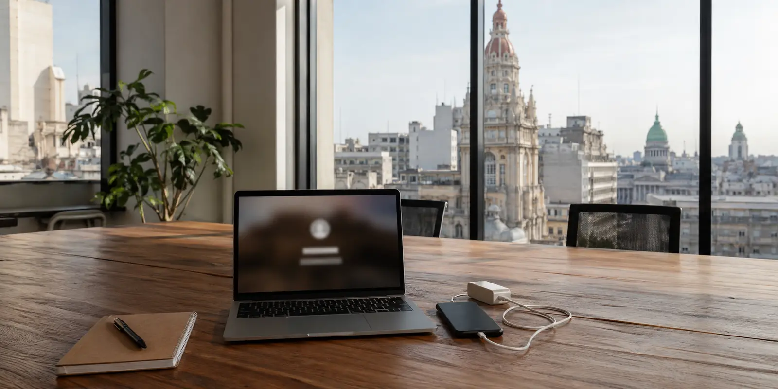 Portátil en un coworking de Buenos Aires con una verificación de acceso y la ciudad al fondo