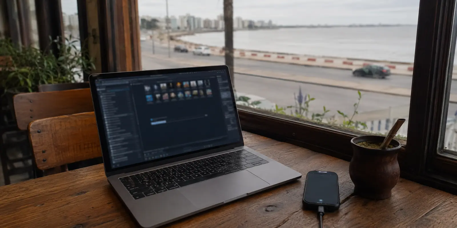 Portátil con una carga interrumpida y teléfono preparado como punto de acceso en un café frente a la rambla de Montevideo