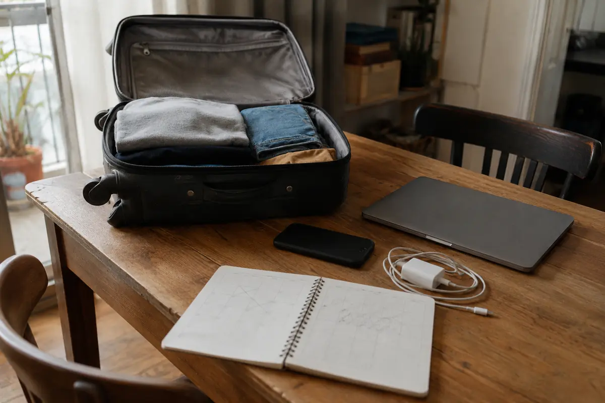 Equipaje breve, portátil cerrado, teléfono y agenda semanal sobre una mesa antes de un viaje corto