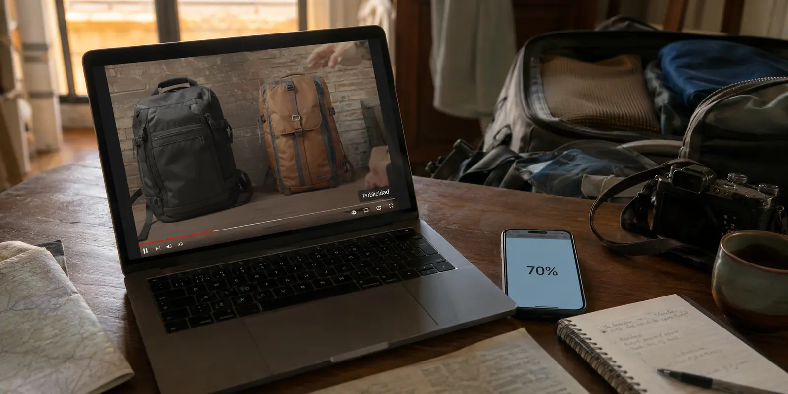 Portátil con un vídeo patrocinado sobre mochilas y un teléfono con una oferta del setenta por ciento