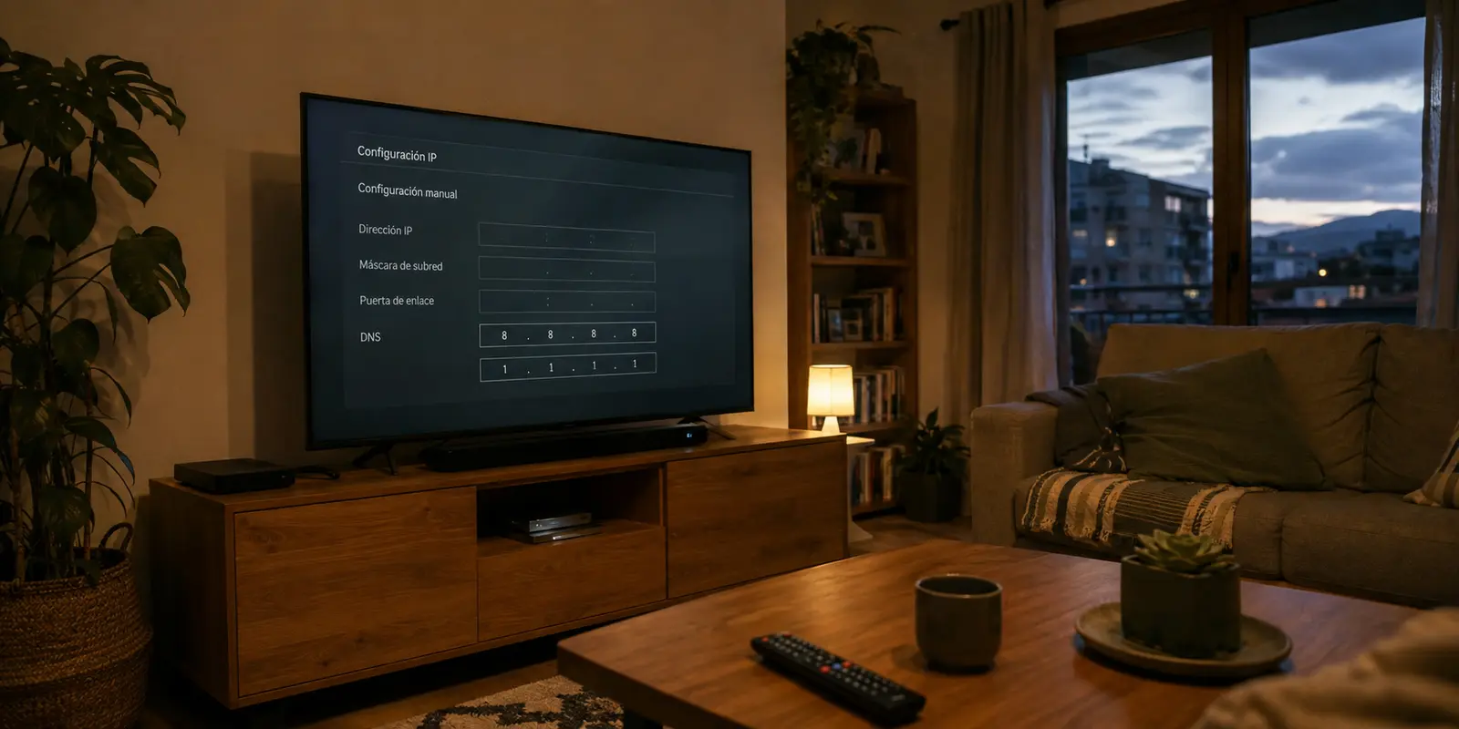 Televisor en una sala mostrando la configuración manual de red y DNS