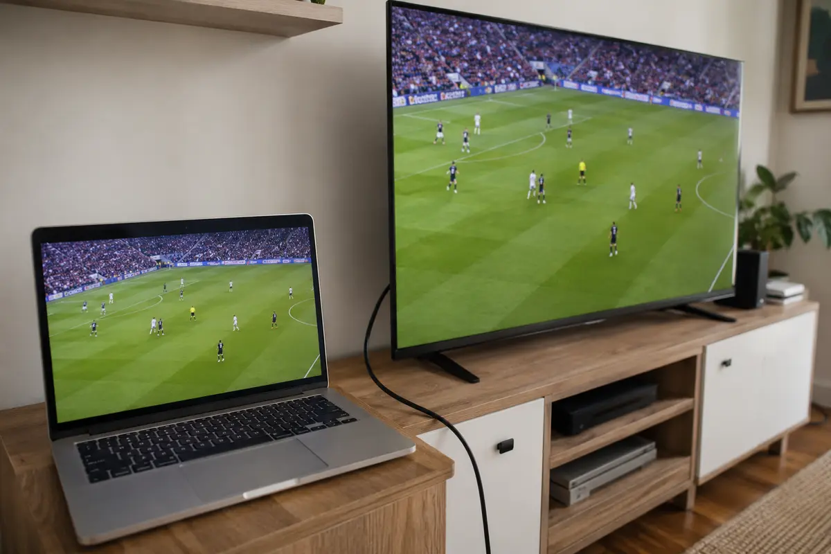 Portátil conectado por HDMI a un televisor que muestra el mismo vídeo