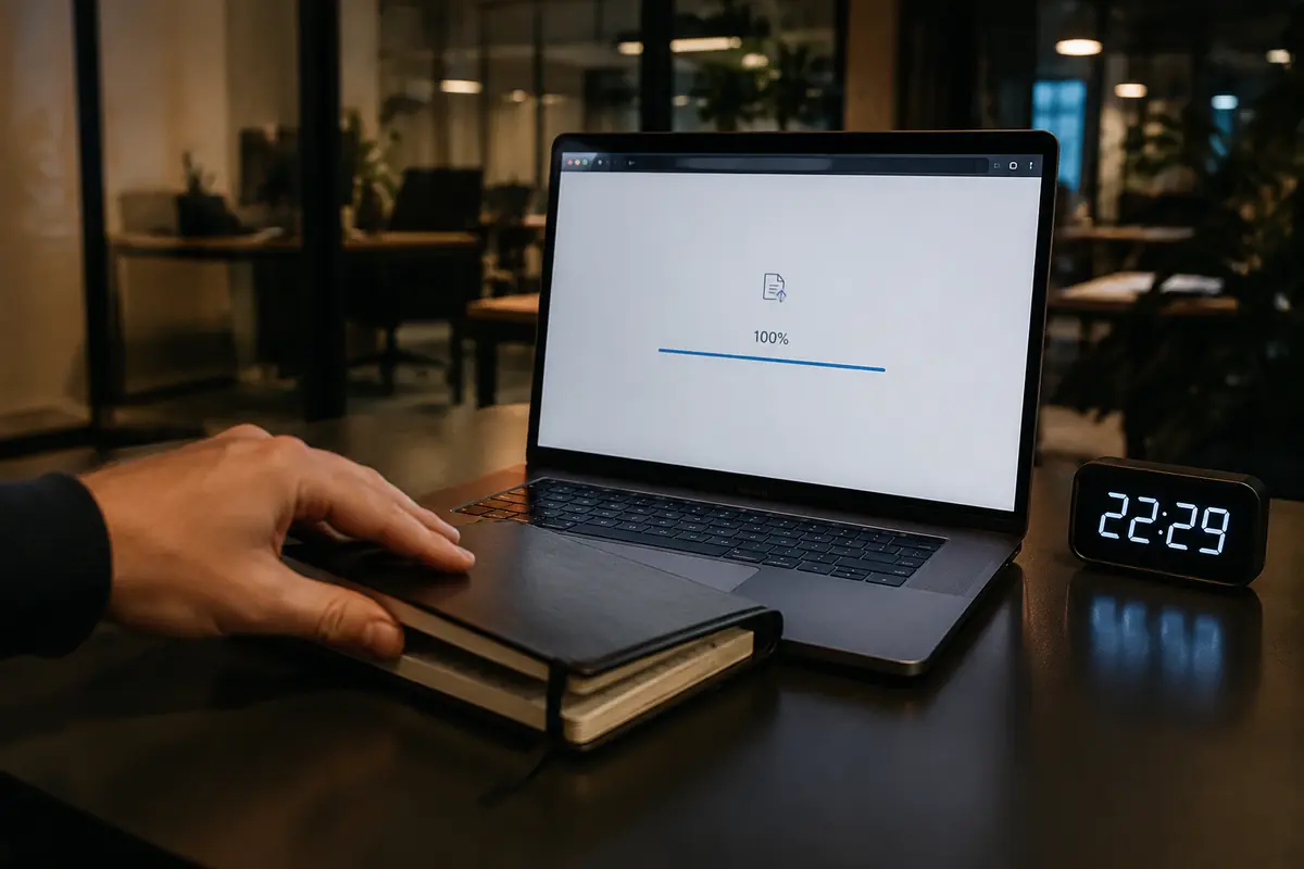 Una subida de archivos llega al cien por cien a las 22:29 sin abrir un chat de soporte