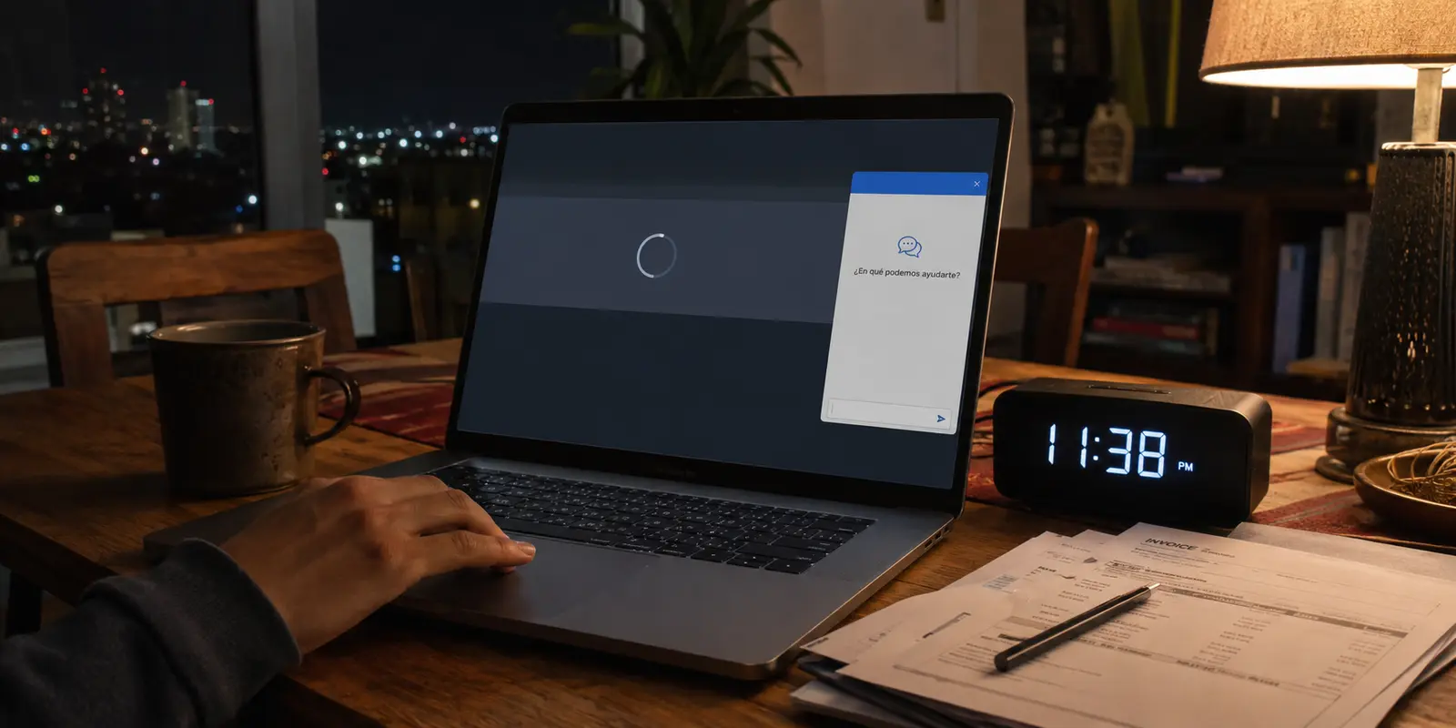 Portal de trabajo atascado y chat de soporte abierto a las 11:38 de la noche en Ciudad de México