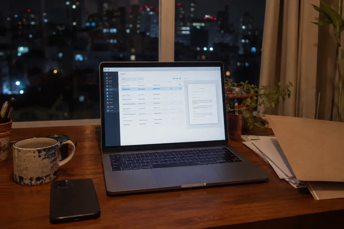 Notebook con el portal de documentos ya abierto y el teléfono apartado sobre el escritorio
