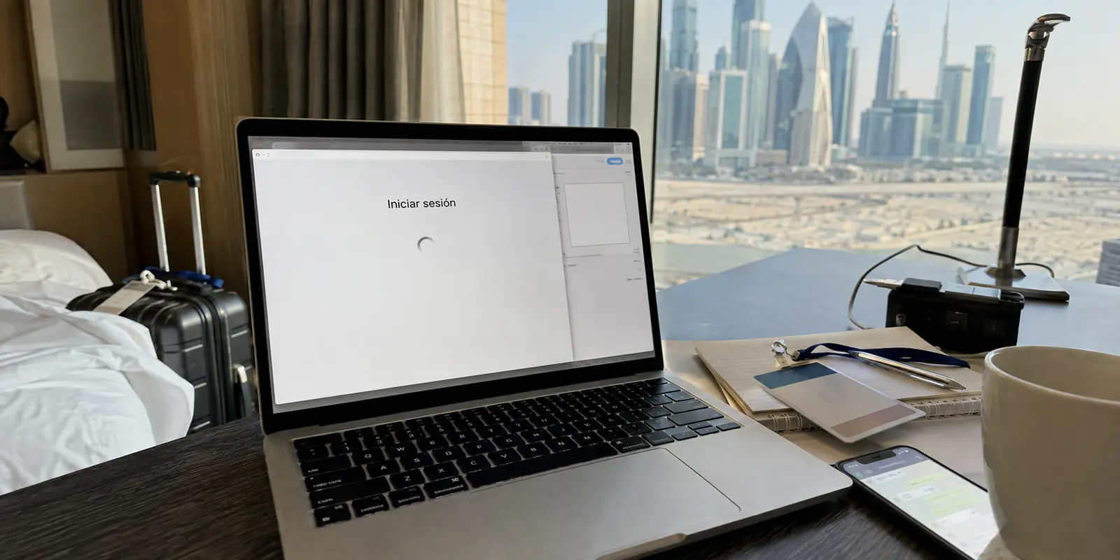La página de inicio de sesión de una VPN se queda cargando en un portátil de hotel después de aterrizar en Doha