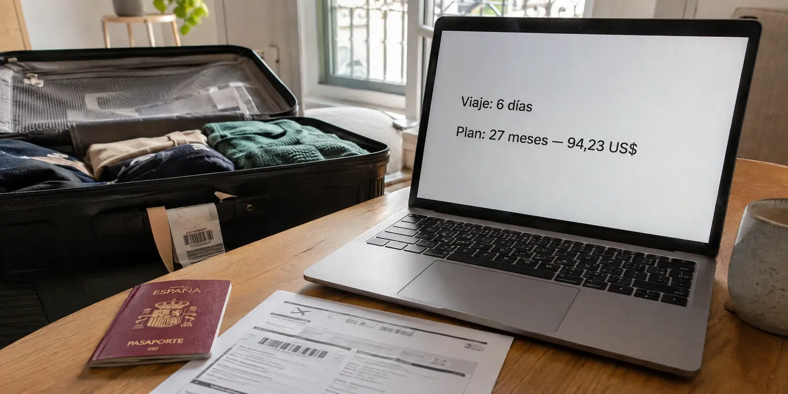 Viaje de seis días comparado con un plan VPN de veintisiete meses junto a una maleta abierta