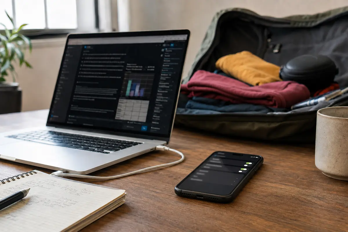 Portátil de trabajo conectado al hotspot de un teléfono junto a una valija abierta