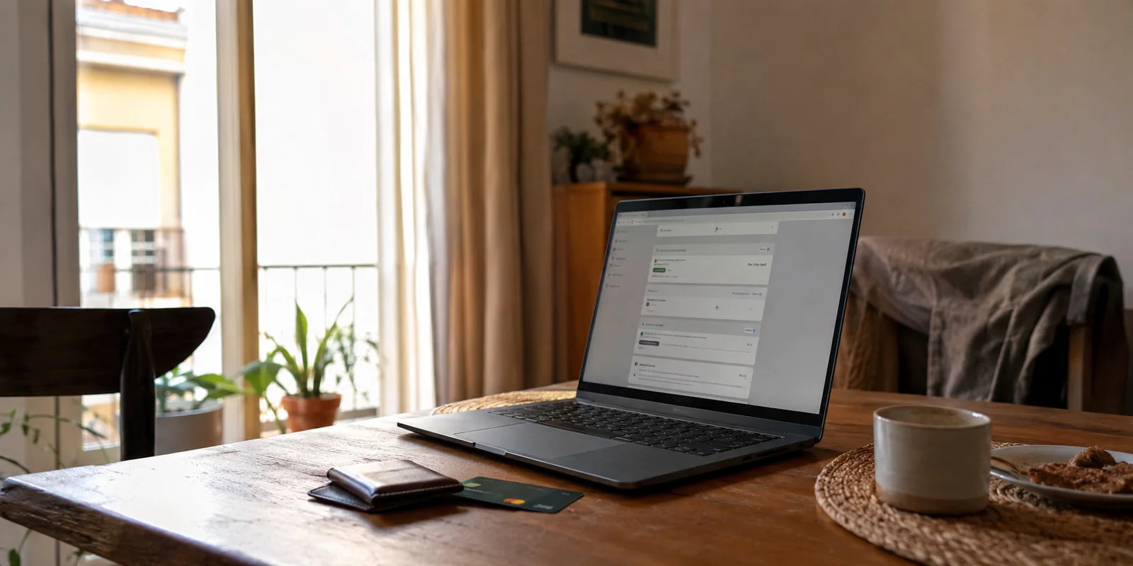 Portátil abierto en una mesa doméstica tras contratar una suscripción VPN, junto a una tarjeta de pago