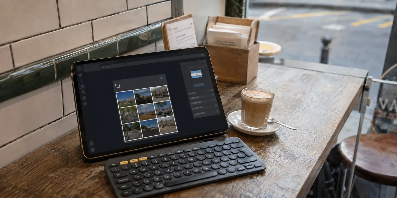 Tableta conectada mediante una IP argentina que muestra una comprobación CAPTCHA en una cafetería de Madrid