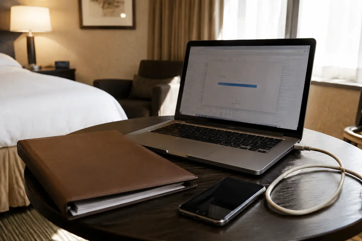 Portátil con una transferencia completada junto a un teléfono y un cable de conexión en una habitación de hotel