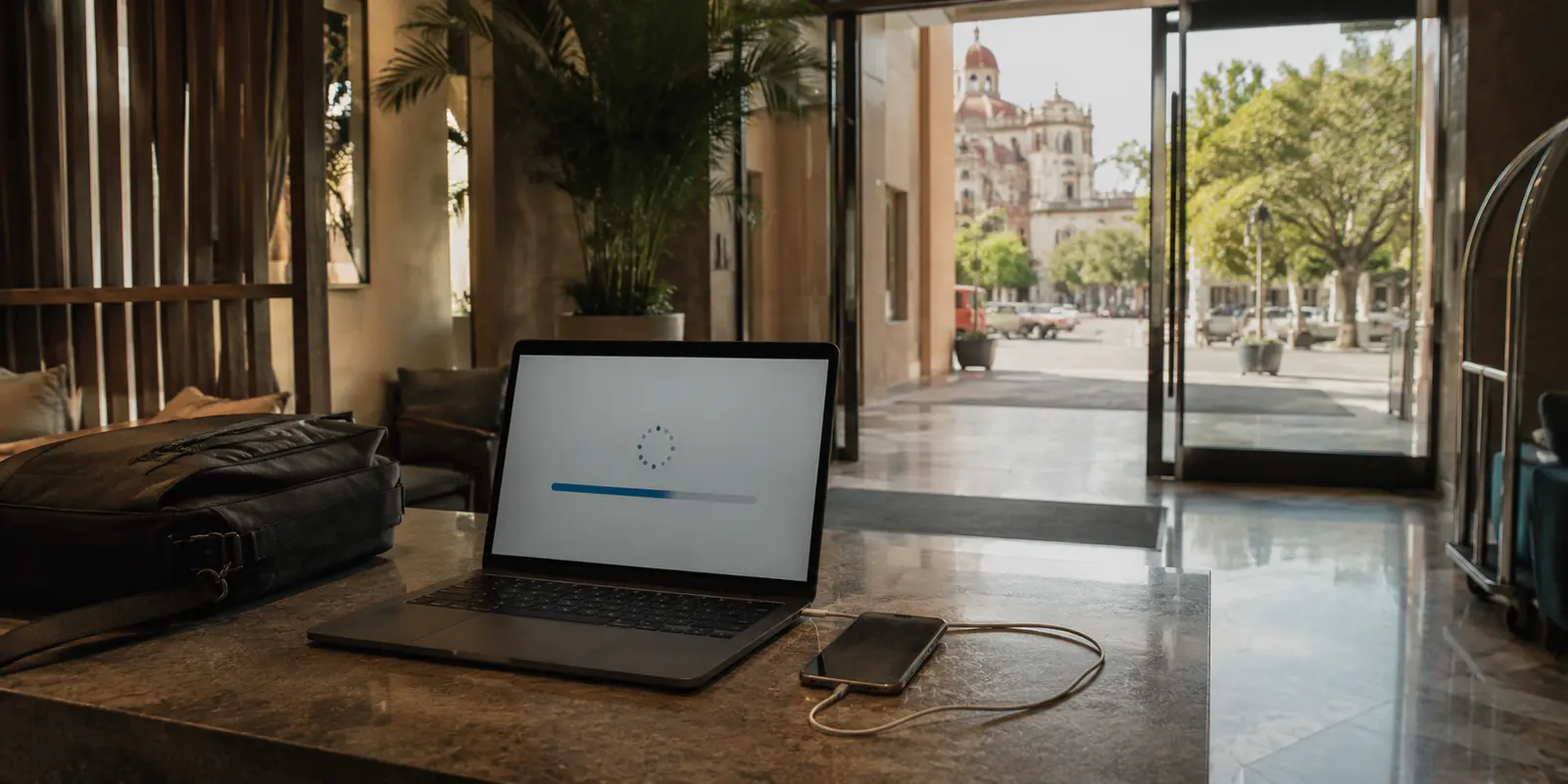 Portátil en el vestíbulo de un hotel de Guadalajara con una subida de archivo interrumpida