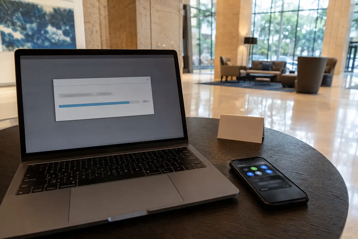 Portátil y teléfono en un vestíbulo de hotel mientras una transferencia continúa al cambiar de red