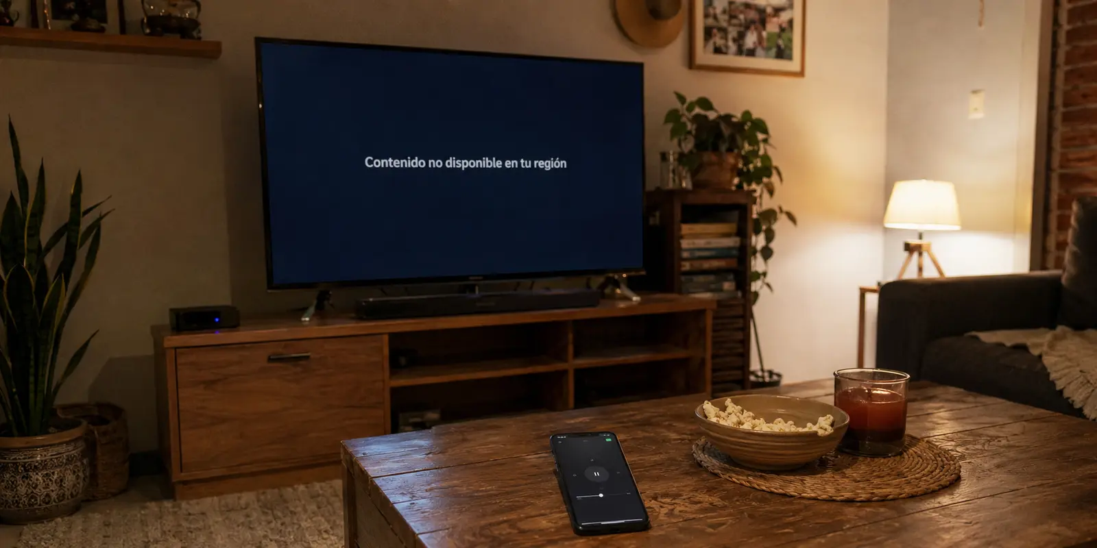 Un televisor muestra que el contenido no está disponible en la región mientras el teléfono controla la reproducción