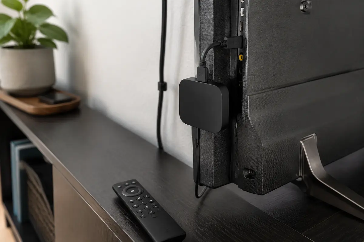 Un reproductor de streaming conectado por HDMI detrás de un televisor