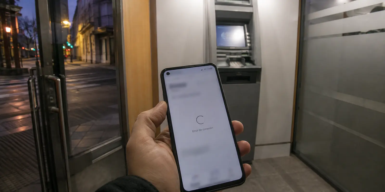Un teléfono Android muestra un error de conexión de la app bancaria dentro de un cajero automático en Buenos Aires