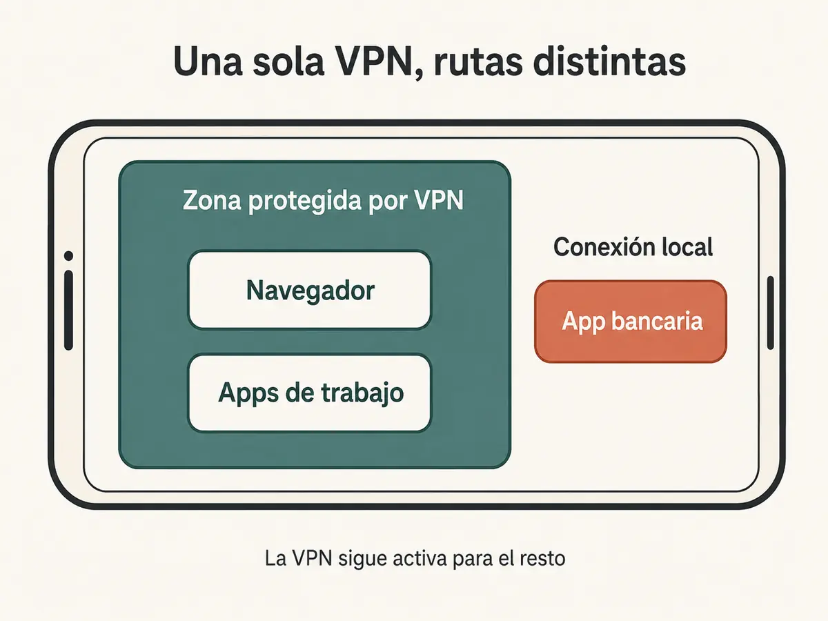 Aplicación bancaria fuera de la zona VPN mientras el navegador y las apps de trabajo permanecen protegidos