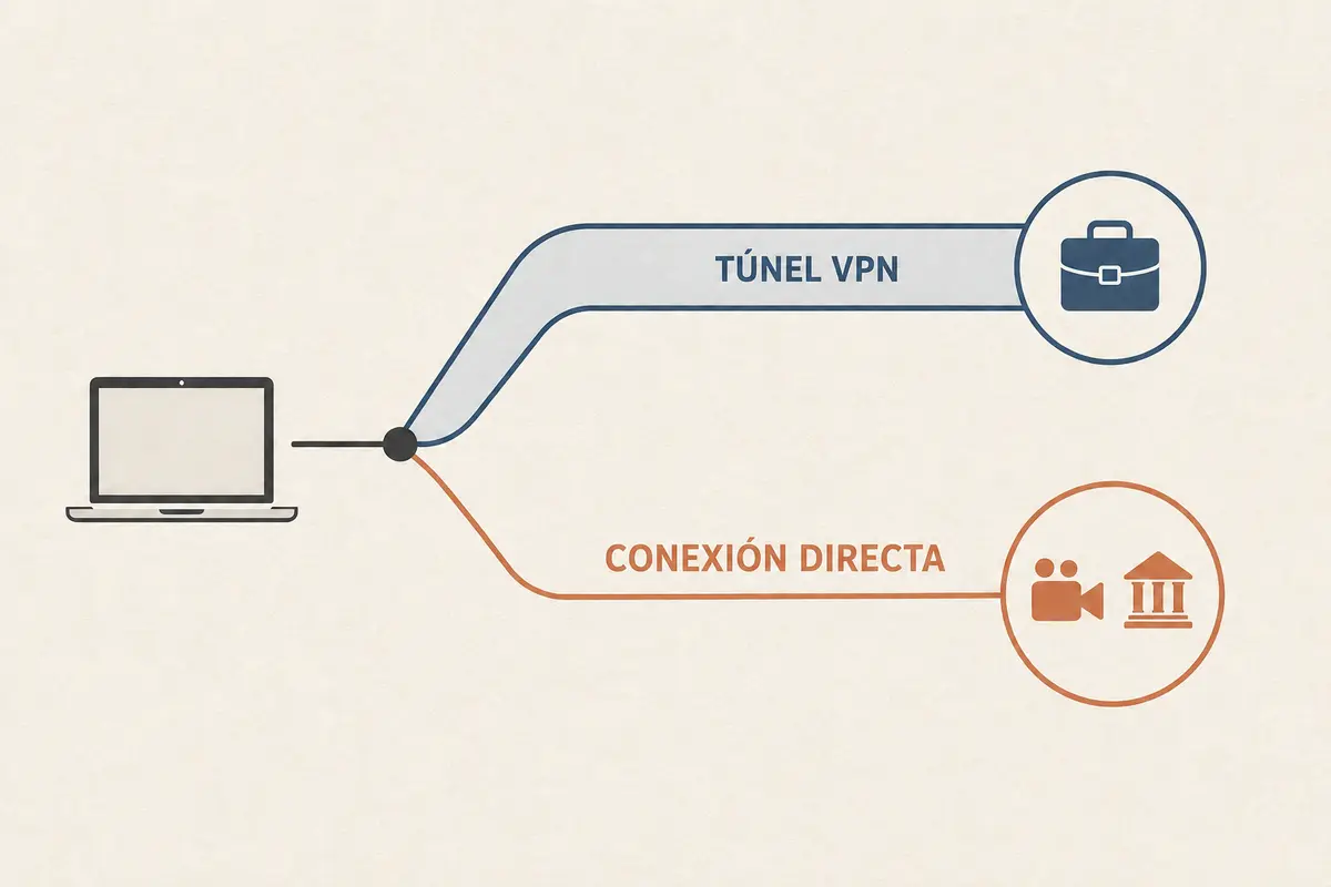 Diagrama de split tunneling que separa el tráfico entre el túnel VPN y la conexión directa