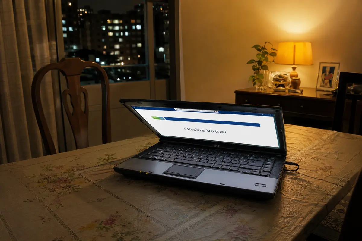 Un portátil antiguo en Bogotá mantiene abierta la Oficina Virtual durante una sesión remota desde el extranjero