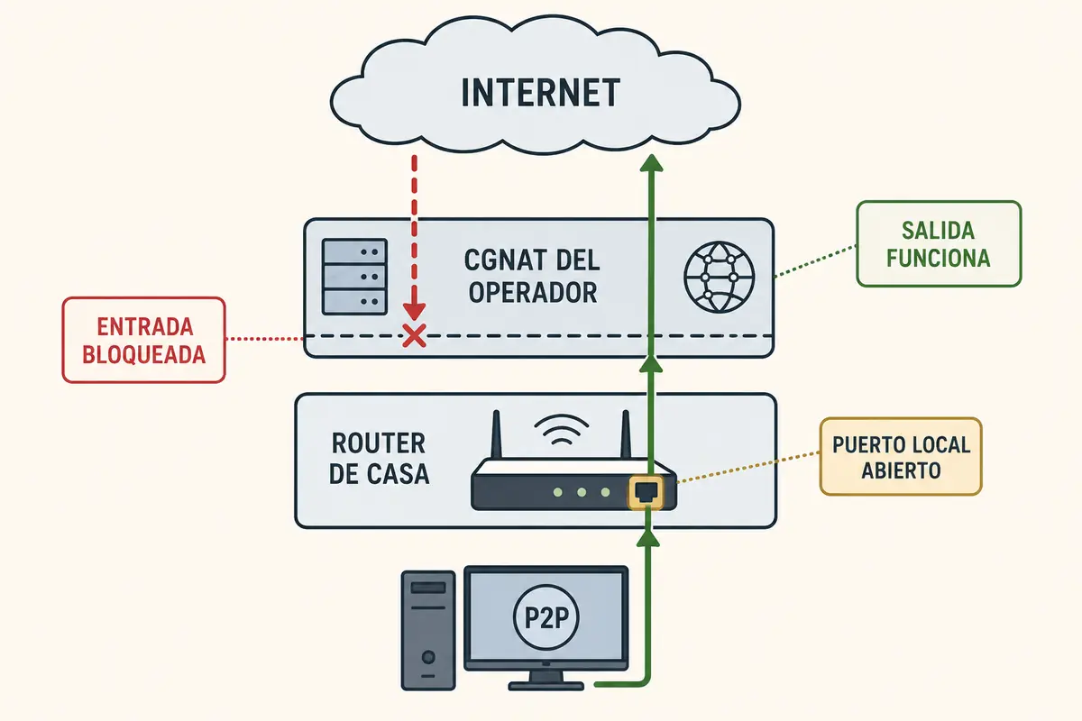 Un esquema vertical muestra cómo el CGNAT del operador bloquea la entrada aunque el puerto del router doméstico esté abierto