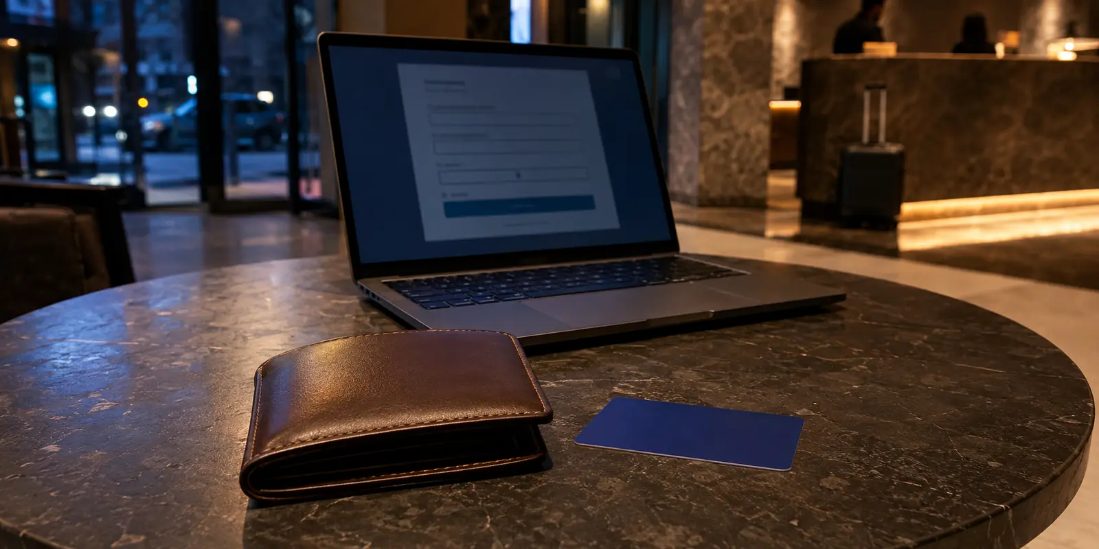 Cartera y tarjeta sin usar junto a un portátil con una pantalla de registro en el vestíbulo de un hotel
