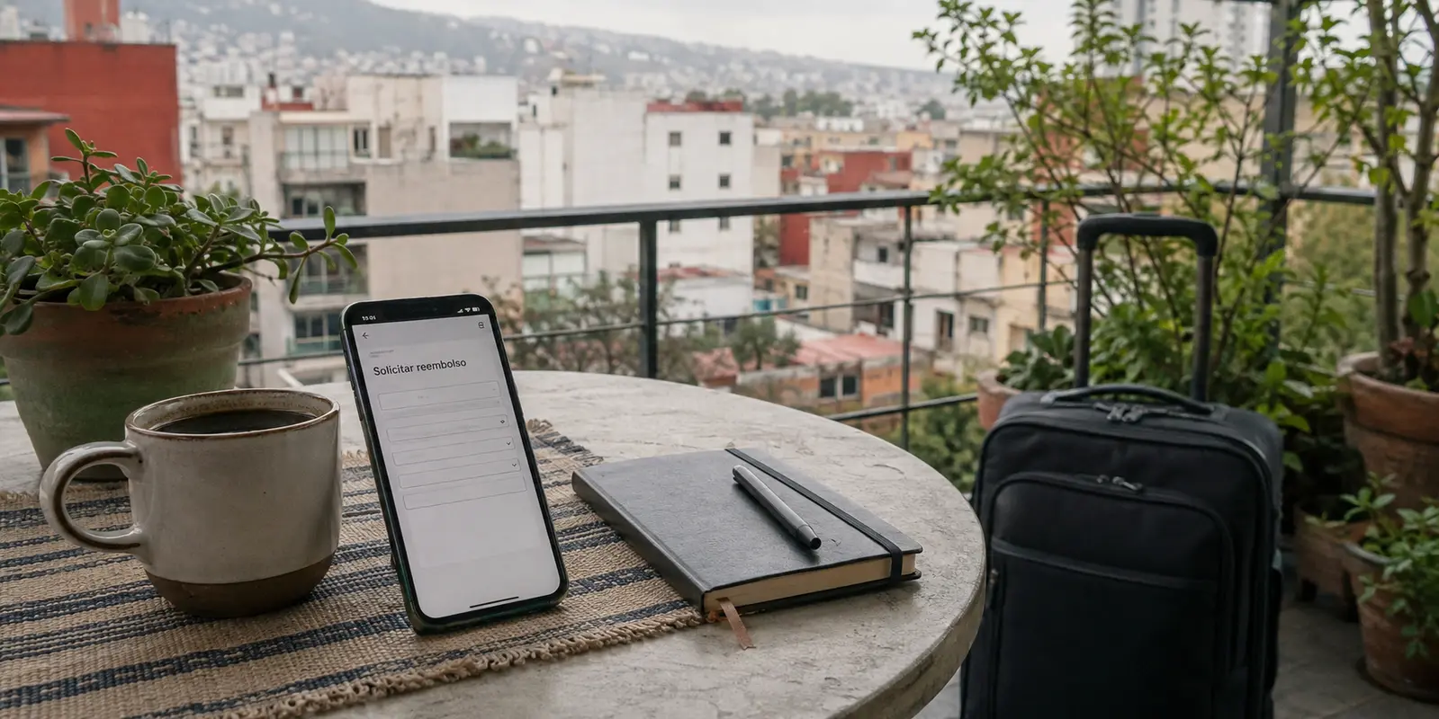 Teléfono en una terraza de Ciudad de México con un formulario para solicitar un reembolso