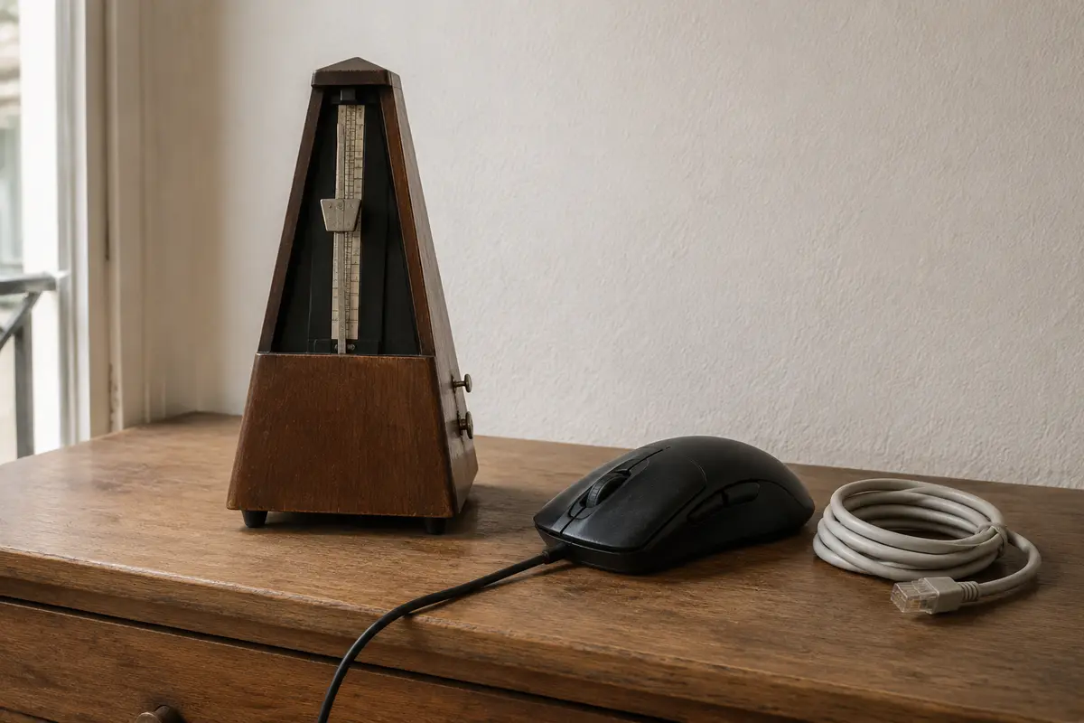 Un metrónomo junto a un ratón de juego y un cable Ethernet