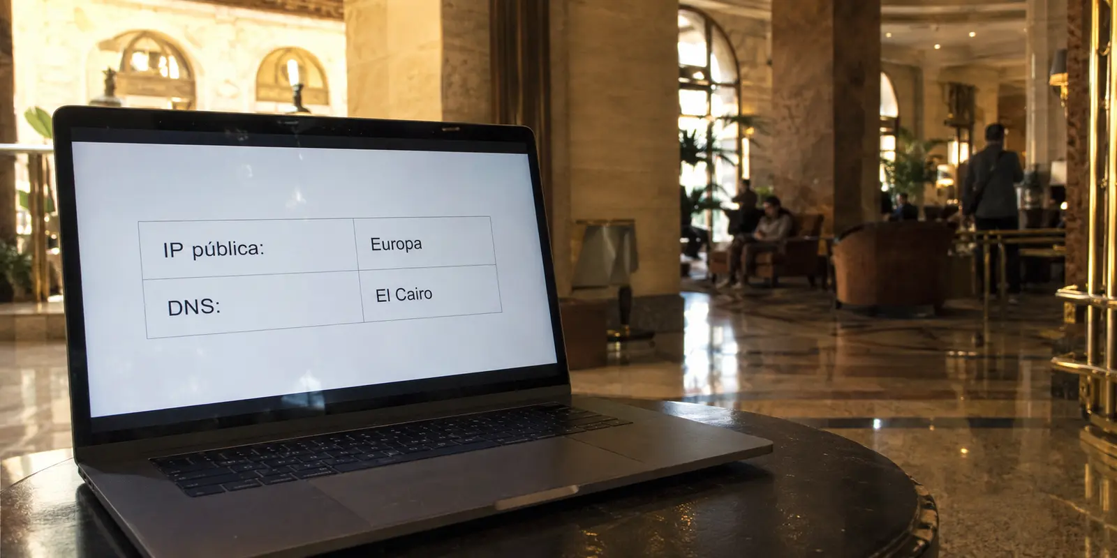 Prueba en el vestíbulo de un hotel de El Cairo con IP europea y DNS todavía local