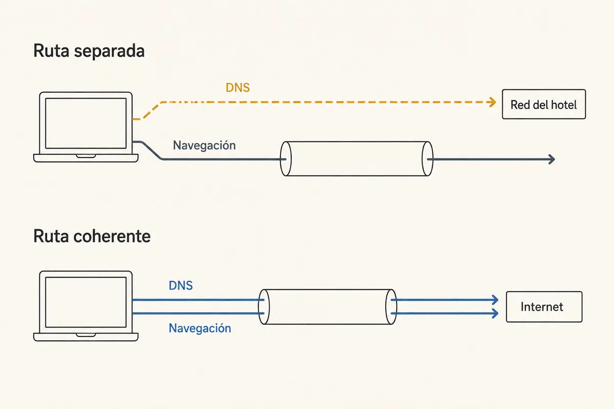 Comparación entre una ruta DNS separada por la red del hotel y una ruta coherente dentro del túnel