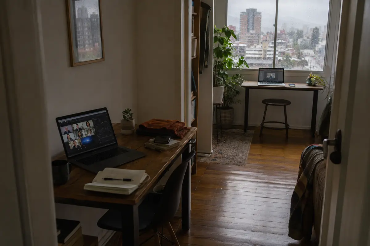 El portátil corporativo y el personal ocupan dos zonas de trabajo separadas en un apartamento de Bogotá