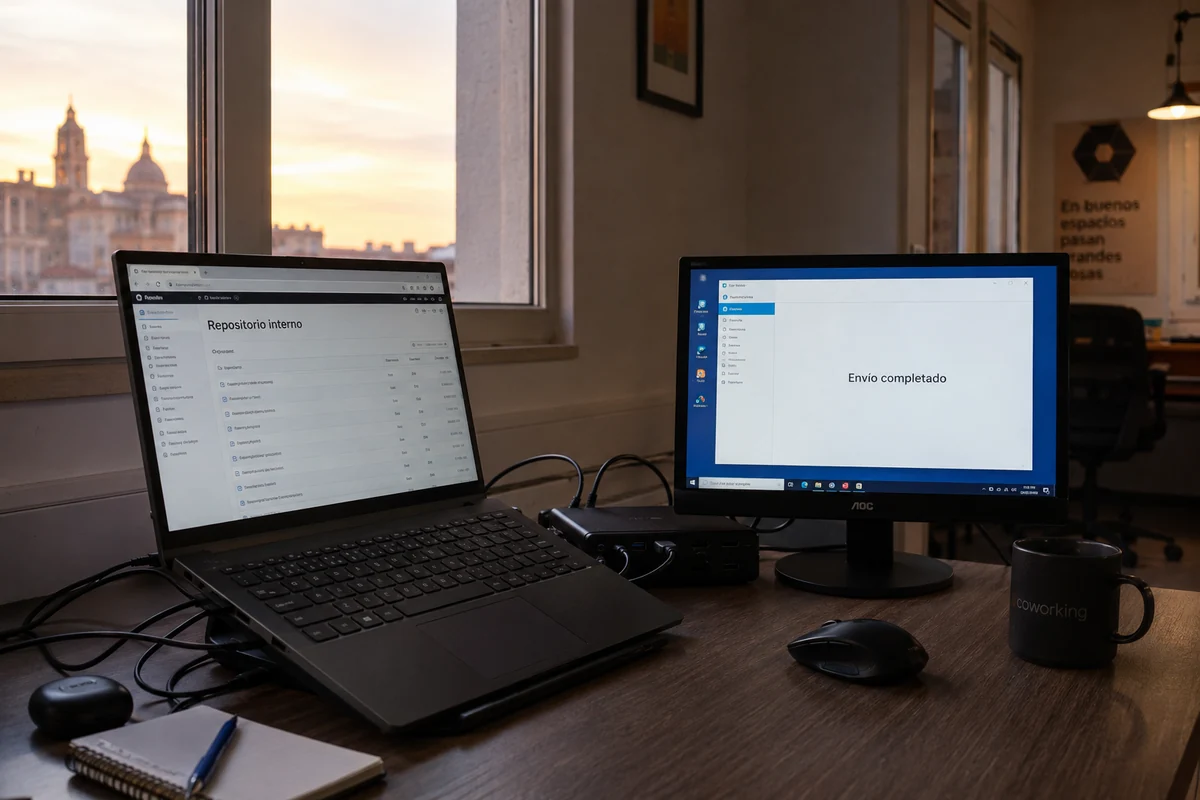 Repositorio interno accesible y envío externo completado al mismo tiempo en dos pantallas de trabajo
