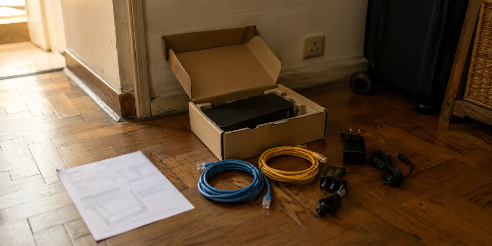 Segundo router, cables y adaptadores preparados para una configuración doméstica más compleja