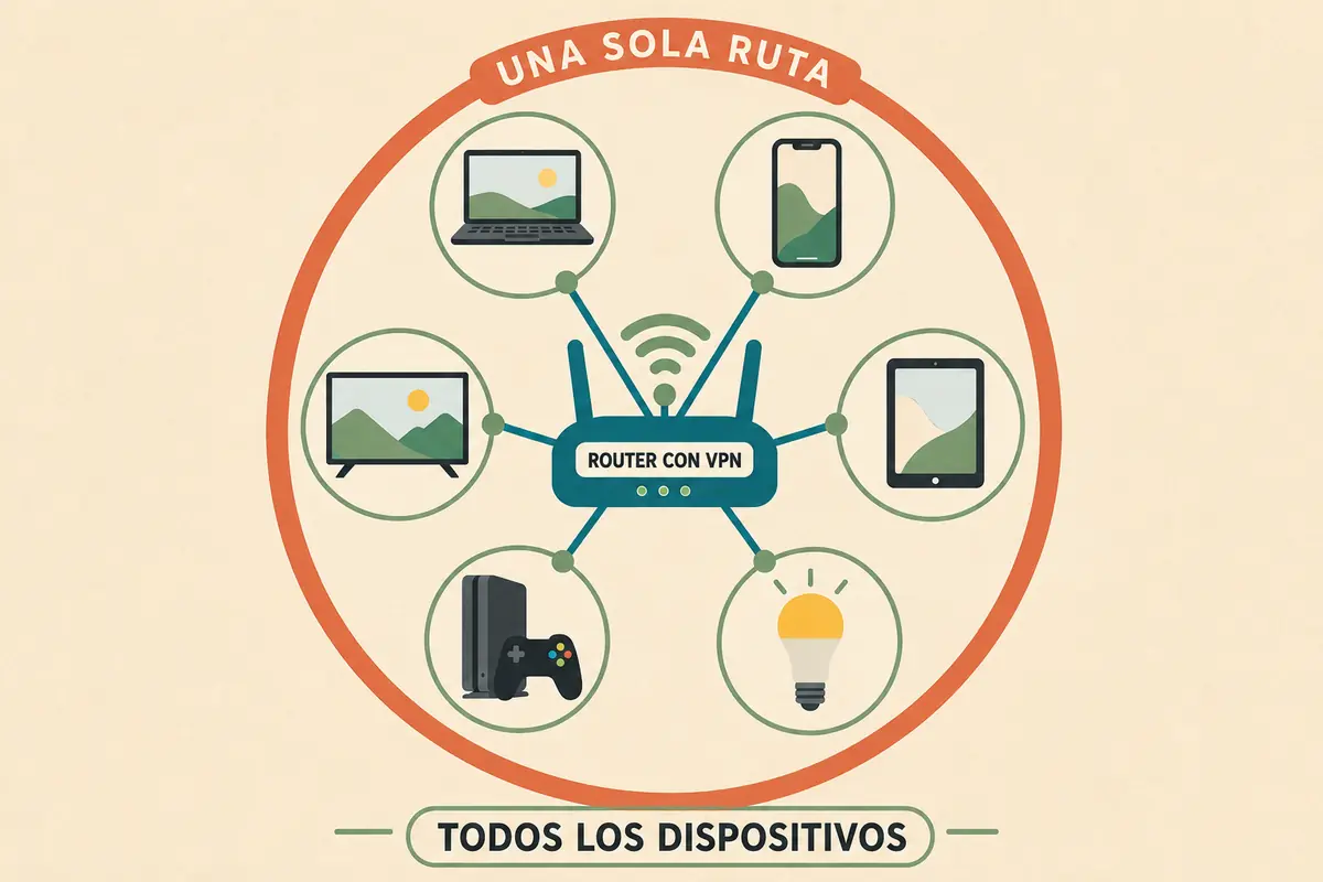 Un esquema radial conecta seis dispositivos domésticos a un router que aplica una sola ruta VPN a todos