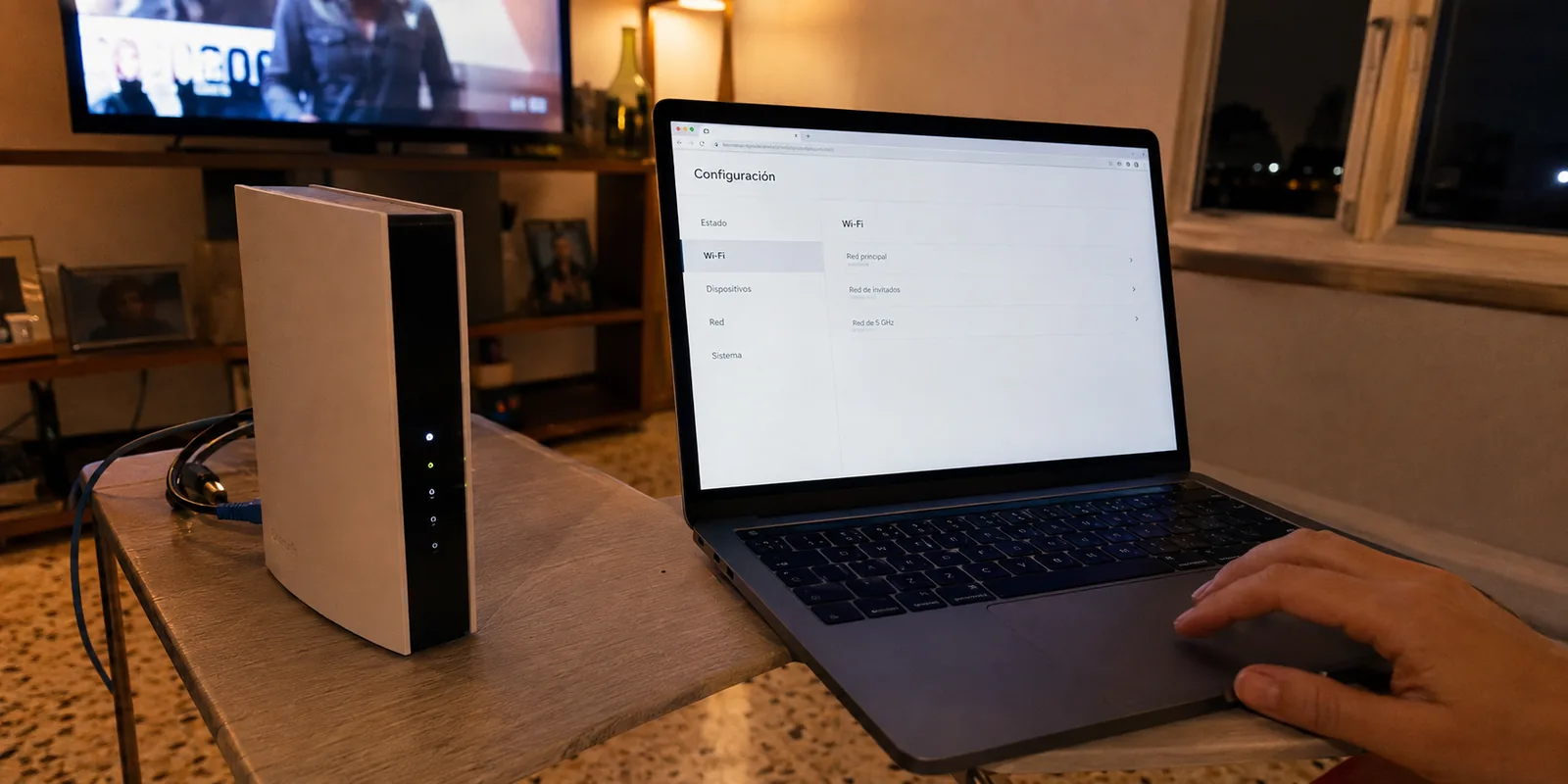 Router doméstico y portátil abierto en una página de configuración sin opción de cliente VPN.