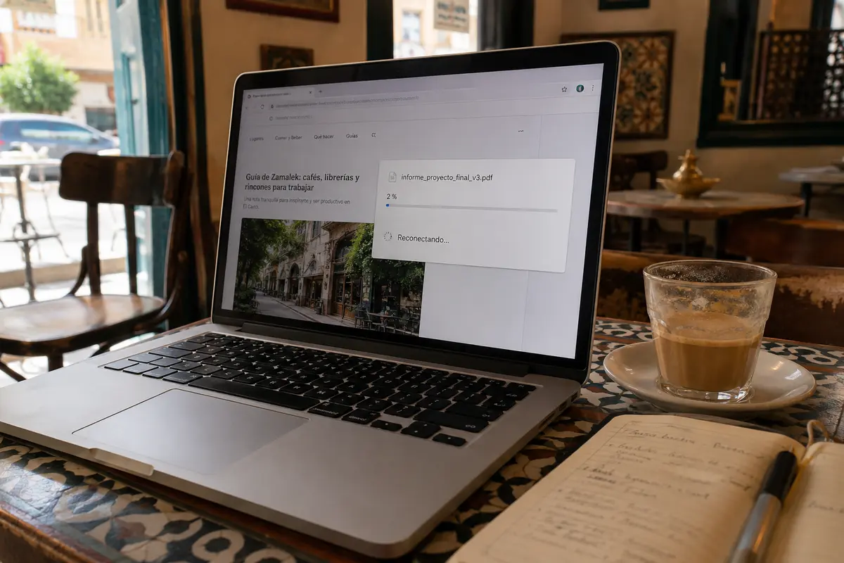 Una descarga de trabajo se queda detenida mientras la VPN intenta reconectarse en una cafetería de Zamalek