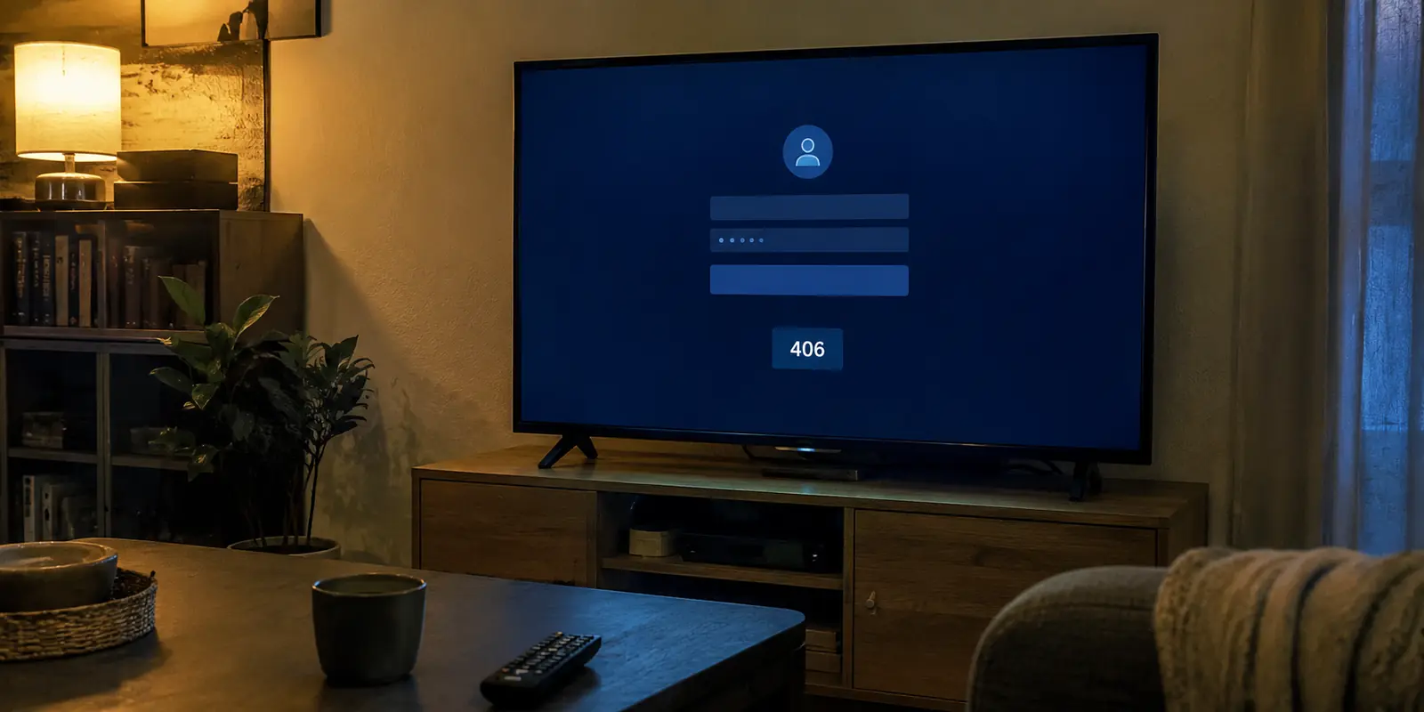 Televisor en una sala mostrando el código de error 406 durante el inicio de sesión