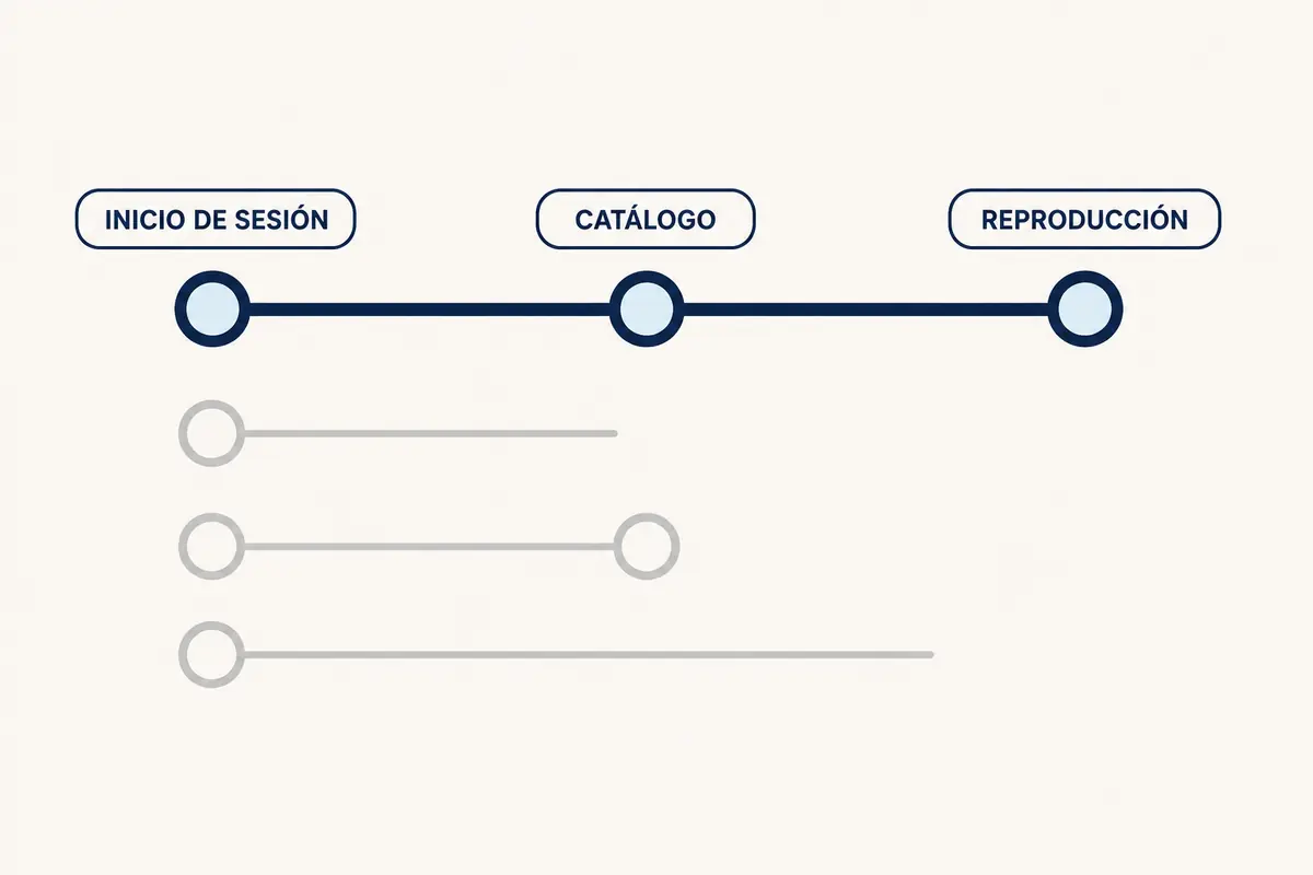 Recorrido de inicio de sesión, catálogo y reproducción, con varios intentos que se detienen antes de llegar al vídeo