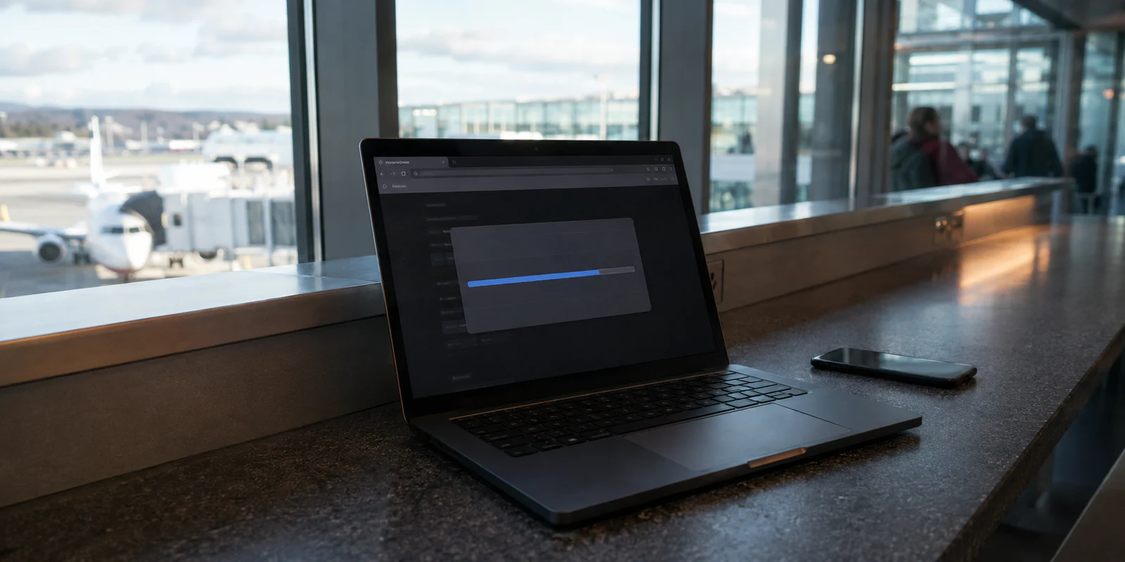 Portátil con una transferencia detenida en el Wi-Fi de un aeropuerto tras cambiar la conexión de red