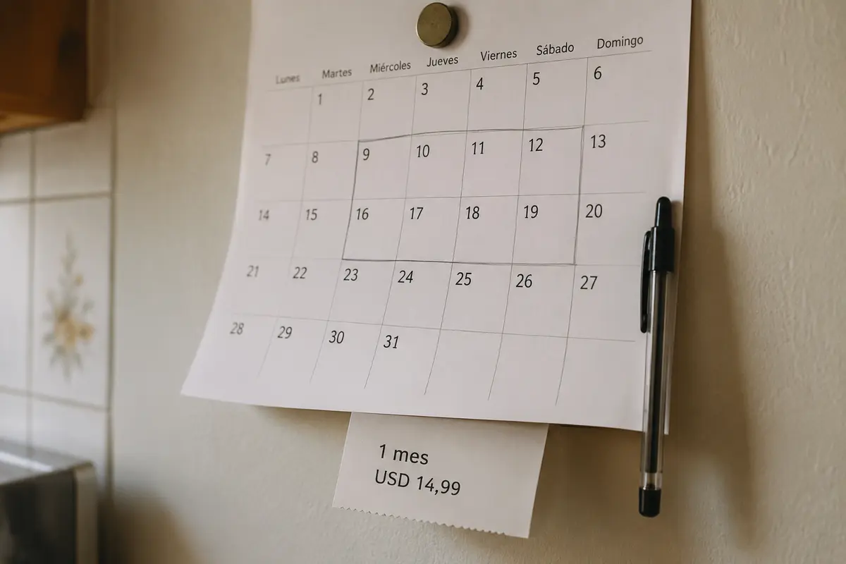 Calendario de un solo mes junto a un recibo de 14,99 dólares