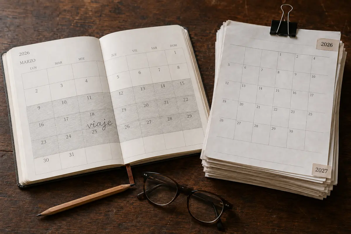 Calendario con tres semanas de viaje marcadas junto a una pila de meses