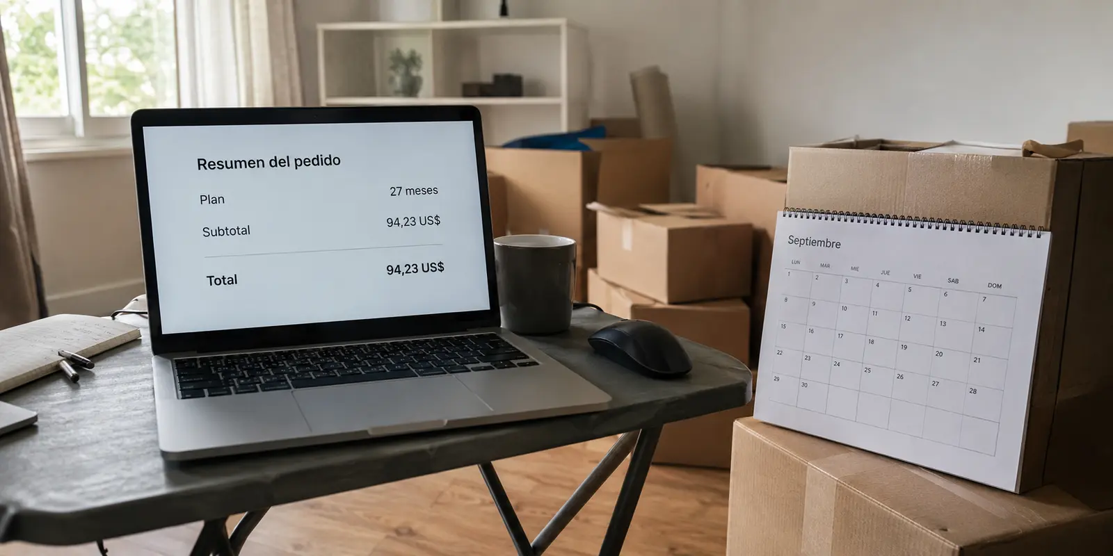 Portátil con un plan de veintisiete meses junto a un calendario de septiembre en un piso recién mudado
