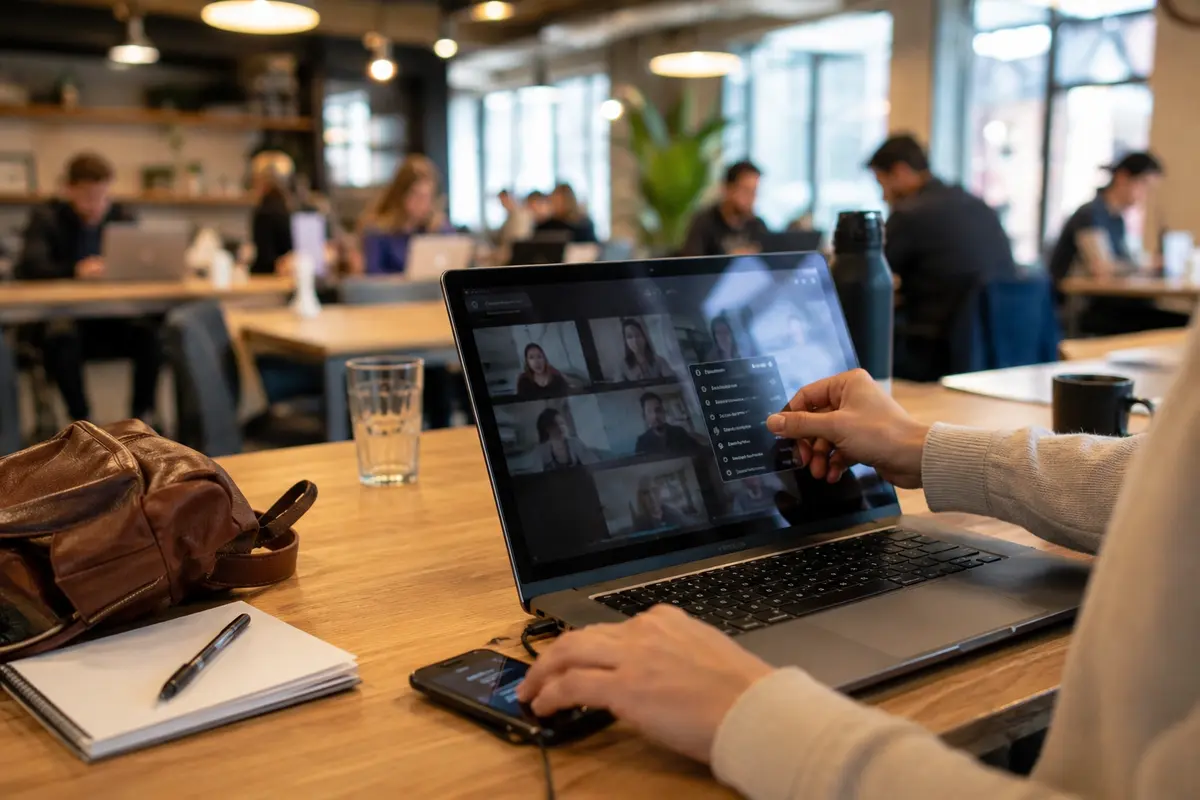 Trabajador en un coworking que cambia al punto de acceso del teléfono durante una videollamada