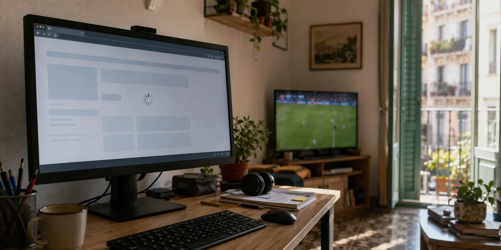 Monitor con una página detenida en un piso español mientras se disputa un partido de fútbol