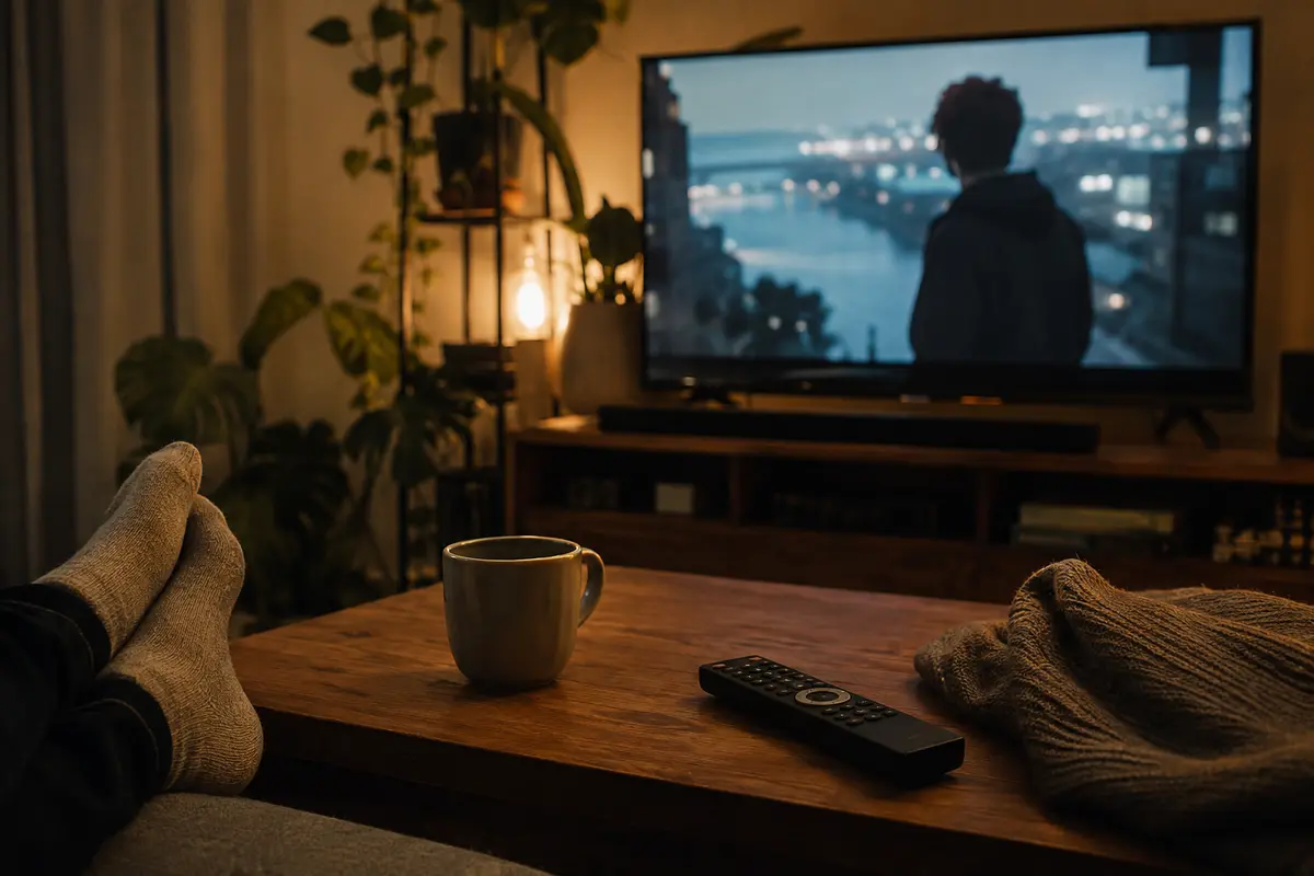 Una película continúa en el televisor mientras el mando descansa sobre la mesa