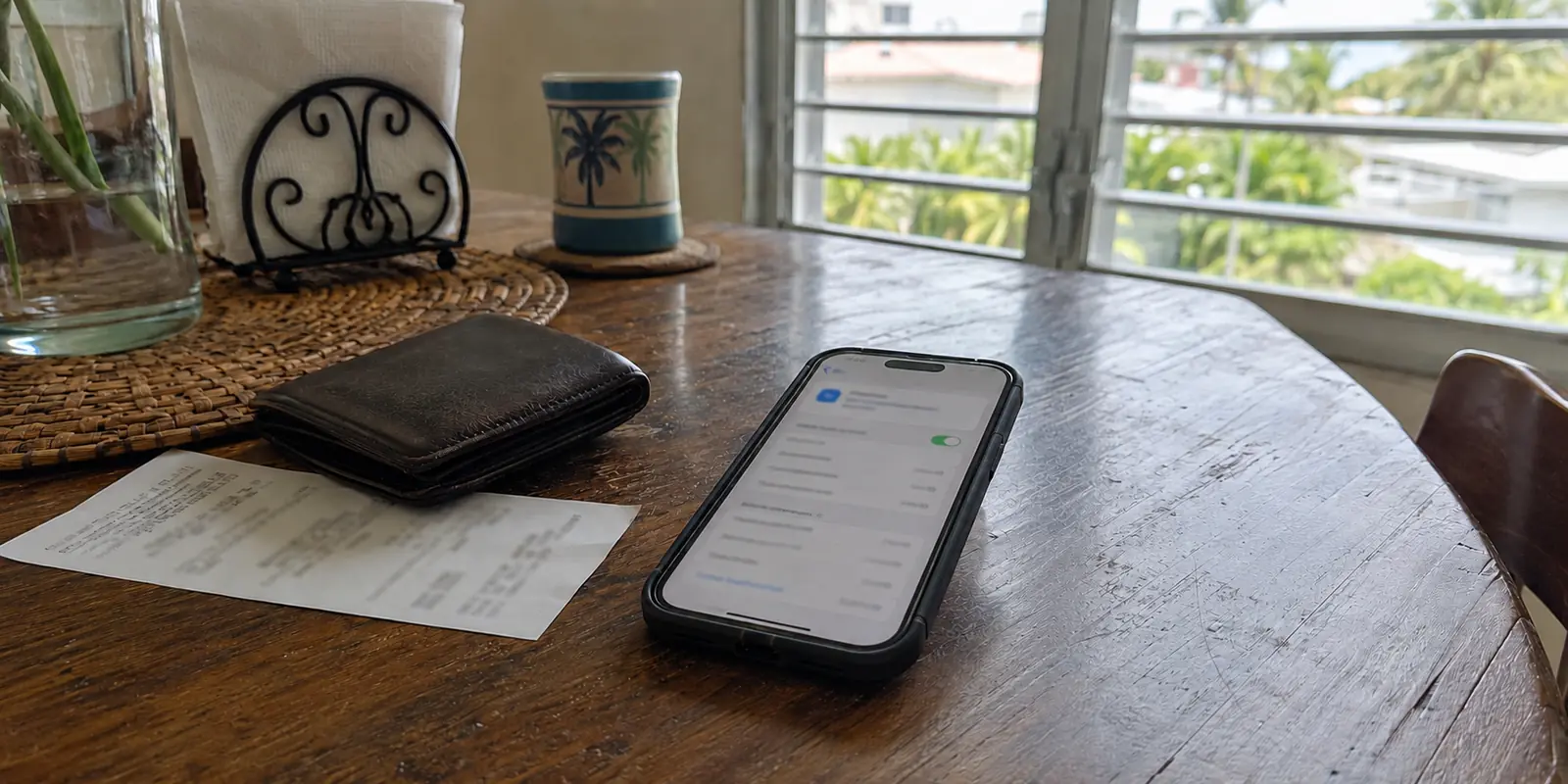 Un iPhone con la suscripción cancelada junto a una cartera y un recibo en una casa de Puerto Rico