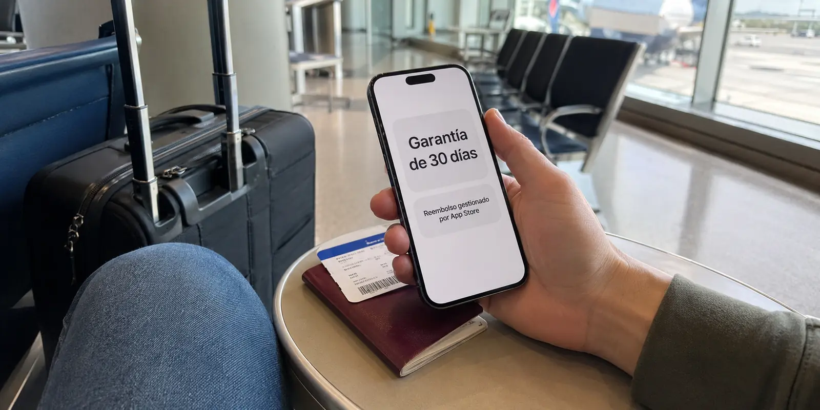 Un viajero consulta en el aeropuerto una garantía de 30 días cuyo reembolso depende del App Store