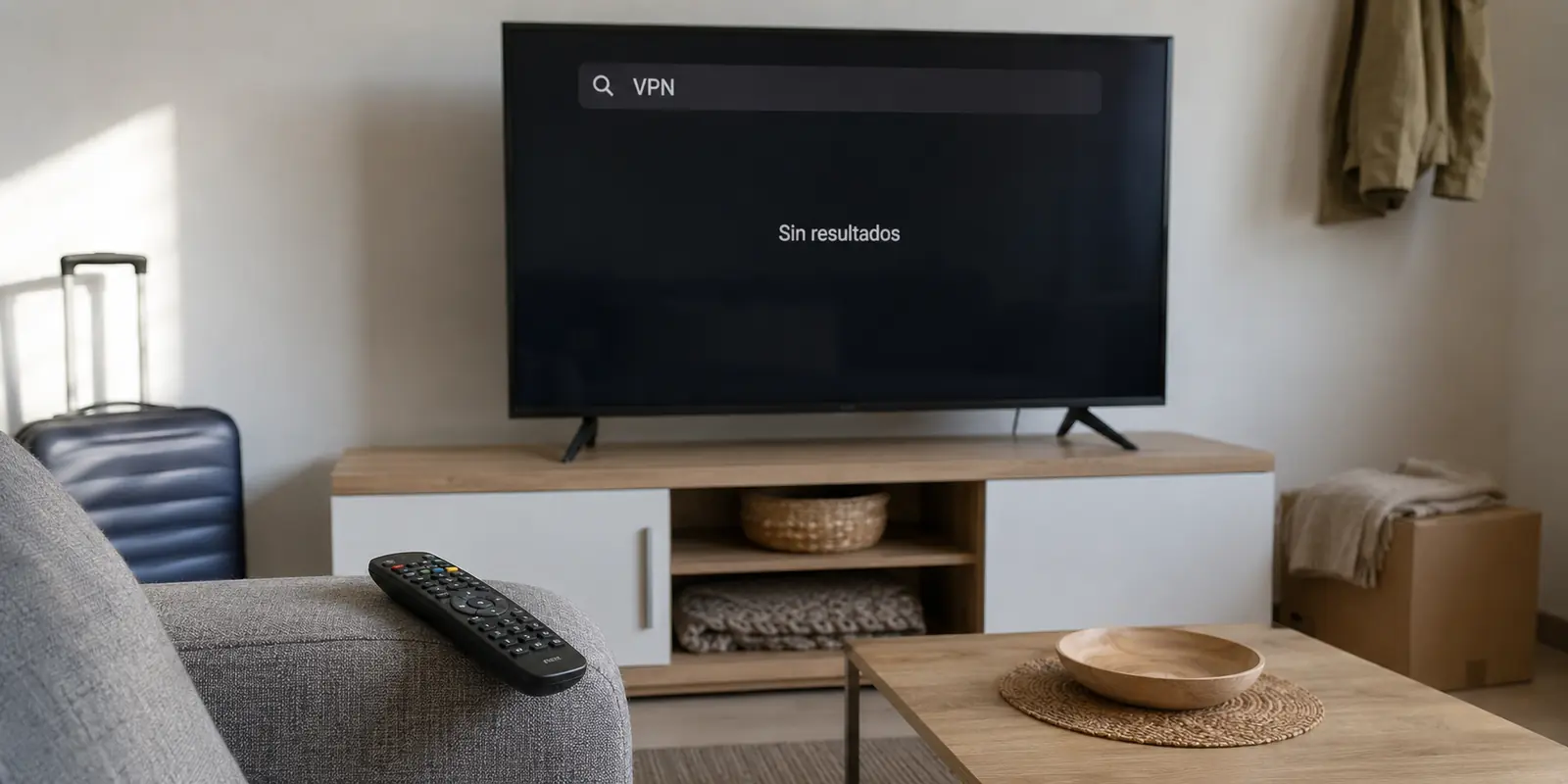 Un televisor de un apartamento alquilado busca una aplicación VPN y muestra que no hay resultados