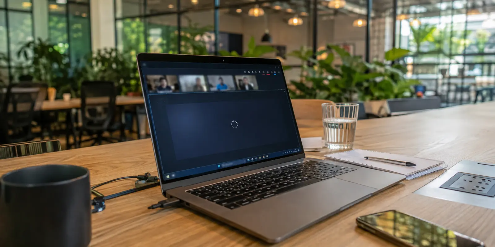 Portátil con una videollamada ralentizada en un espacio de coworking de Medellín